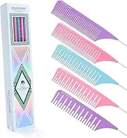 Vellen Professional Hair Highlighting Comb Set – 5 Sizes for Balayage & Foiling – Heat Resistant PEI Plastic (220°C) – Anti-Static, Durable, Chemical Resistant – Includes Extra Long Stainless Steel Needle – Stylist & Salon Grade (Purple/Pink, 5pcs)