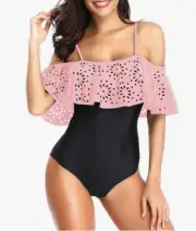TEMPT ME Women's Pink/Black Off Shoulder Ruffle Lace One Piece Swimsuit Sz Large