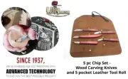 5pc Chip Set Wood Carving Whittling Knives and 5 Pocket Leather Tool Roll