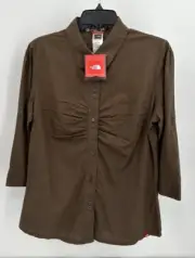THE NORTH FACE "GOOD LUCK" 3/4 SLEEVE BUTTON FRONT BLOUSE Women's Large Brown