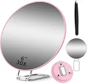 Jadazror 30X Makeup Magnifying Mirror, 6'' Round, 30X High Magnification, Tabletop & Handheld, Pink, 6'' Diameter, 65% Larger Viewing Area, Travel Set with Tweezers