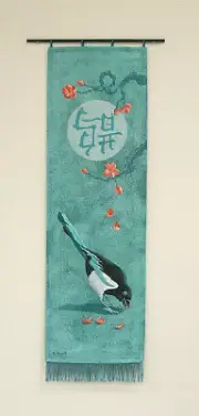 Magpie Hand-Painted Tapestry-Wall Hanging-Dark Teal-Acrylic on Canvas-Bird Art