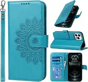 [Cavor] Wallet Case for iPhone 12, iPhone 12 Pro 6.1'' PU Leather Case Magnetic 3D Embossed Flower Women Flip Kickstand with Card Holder Wristlet Hand Strap Protective Cover-Flower Sky Blue