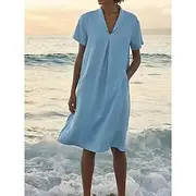 Women's Mini Dress Sundress Summer Dress Casual Beach Daily Plain Short Sleeve V Neck Deep Green Yellow Light Green Sky Blue Summer