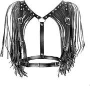 [PETM•HS] Leather Body Harness Bra for Women Punk Gothic Shoulder tassel Tops Cage Belt Adjust Size Festival Rave Costume
