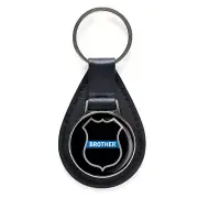 Thin Blue Line Brother Police Badge Black Leather Keychain Silver Keyring