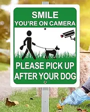 Heavy Duty Metal Pick Up After Your Dog Sign Camera, 12" x 10" Aluminum Clean Up After Your Dog Sign with 28" Stake, No Dog Poop Signs for Yard, Weather Resistant