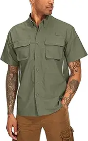 [Asfixiado] Men's Short Sleeve Button Down Shirts UPF 50+ Sun Protection Quick Dry Fishing Shirt for Travel Hiking Safari Camping (Army GreenM), Army Green, M