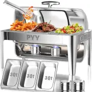 PYY 9 Quart Roll Top Chafing Dish, Rectangular Visible 3 Third Pans, Silver