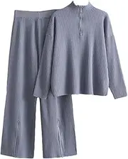 [Generic] Female Sweater Suits Solid Turtleneck Zipper Knitting Tops High Waist Wide Legs Pants Tracksuits Dressy Lounge Sets