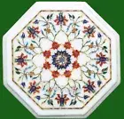 Octagon White Marble Coffee Table Top Gemstone Inlay Work Kitchen Side Table