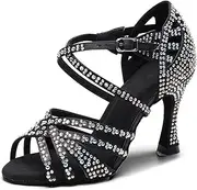 [HOBTEC] Women's Ballroom Latin Dance Shoes with Rhinestones Salsa Tango Bachata Indoor Dancing Shoes for Wedding Party Prom