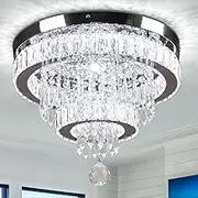 Finktonglan 16" Modern Crystal Chandelier 2 Rings Led Ceiling Light Semi Recessed Crystal Ceiling Light for Bedrooms Living Room Dining Room (6500K Cool White)