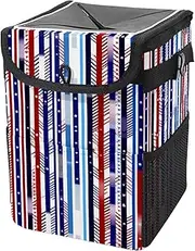 Car Trash Can with Lid and Storage Pockets Leak-Proof Organizer,Multipurpose Trash Bin for Car,Blue and Red Stripes Pattern