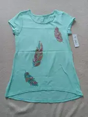 Sonoma Girls Tunic T-shirt Teal Sequins Feathers Size 6X Cotton