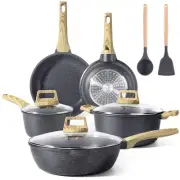 Pots and Pans Set Non Stick - 10 Pcs White Granite Kitchen Cookware Sets Nons...