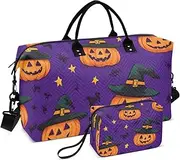 [YXYZRMY] Halloween Pumpkins Purple Travel Duffel Bag Gym Bag Sports Tote Bag with Multiple Interior Pockets Shoulder Weekender Bag for Women Men with Toiletry Bag 20.5”x 7.9”x 13.8”, Multi-Colored, one
