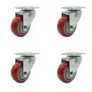 3.5 Inch SS Red Polyurethane Wheel Swivel Top Plate Caster Set Service Caster
