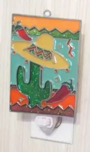 DESERT SCENE CACTUS WITH WHITE HAT NIGHTLIGHT (SOUTHWEST SUNCATCHER LIGHT)