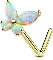 [OUFER] Nose Rings Studs, 20G Nose Rings, 9K Solid Gold L Scew Shaped Nostril Piercing Jewelry, Shiny Opal Butterfly Nose Piercing Jewelry Nose Screw Studs For Women