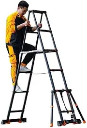 Ladders,Telesladder with Stabiliser Bar and Wheels a Frame Folding Telescoping Ladder Heavy Duty Extension Ladder for Roof Loft Use/3M/7.5Ft