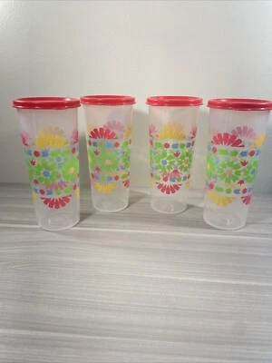 Tupperware Tumblers 16 oz Kaleidoscope Design Set of 4 Red Seals New!