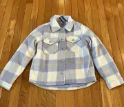 New Joujou Flannel Blue & White Plaid Jacket Girls Size 10/12 Pocket Snap Front