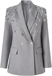 [Bciopll] Womens Blazer with Sequin Casual Double Breasted Suit Jacket Sparkly Beaded Design Party