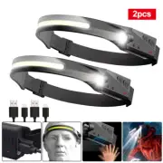 COB LED Motion Sensor Headlamp USB Rechargeable Band Headlight Torch Flashlight