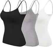 [JunHa] Adjustable Strap Cotton Built-in Bra Tank Tops,Supportive Built-in Bra Tank Tops for Women,Loose Fit Cotton Tank Tops(3 Pack,L)