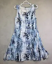Blue Sky Dress Womens XL Blue A Line Linen Bamboo Flowy Pleated Animal Print NEW