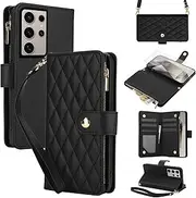 [Asuwish] Mobile Phone Case for Samsung Galaxy S24 Ultra 5G Case with Strap Film Screen Protector Card Slot Foldable Leather Wallet Stand S24Ultra 24S S 24 24Ultra Mobile Phone Cases Protective Phone