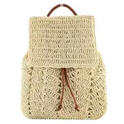 Nevenka Women Straw Handmade Crochet Backpack Flap Drawstring Casual Beach Bag-Off White