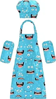 AIXIWAWA Kids Apron Chef Hat Set, Child Kitchen Bib Aprons Adjustable for Cooking Baking Painting (Monster Faces)