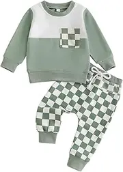 [MoZiKQin] Toddler Baby Boy Girl Clothes Checkered Color Block Long Sleeve Sweatshirt with Pants Set 2Pcs Fall Winter Outfits