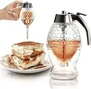 Honey Dispenser,8 oz Maple Syrup Dispenser,Honey Pot with Stand,Press Type Clear Honey Container,Honey Comb Shaped for Home Kitchen