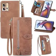 [Monwutong] Zipper Storage Design Wallet Phone Case for Motorola Edge 30 Fusion, Skin Friendly Feel Leather Case with Magnetic Clasp and Muliti-Card Slots Holster for Moto Edge 30 Fusion,SZY Brown