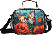 Glass Butterfly Flowers Insulated Lunch Box for Women Men - Ideal for Work, Picnics - Includes Adjustable Shoulder Strap