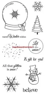FISKARS Clear Stamps ALL THAT GLITTERS Snow Globe, Tree, Snow Man, Snow Flake