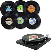 Music Coasters With Vinyl Record Player Holder - 6 Pieces Colorful Retro Disk Coasters for Music Lovers (4.3 Inch)