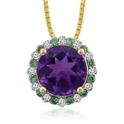Captivating Color 10.0mm Amethyst, Tsavorite and 0.13 CT. T.W. Natural Diamond Frame Flower Pendant in 14K Gold