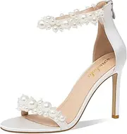 Odetina Women's White Heeled Sandals with Pearl Decoration Stiletto Heels Open Toe Back Zipper Wedding Sexy Elegant Summer High Heels Evening Party Shoes