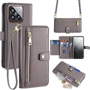 Yienning Crossbody Wallet Case for Xiaomi 14T 5G, Soft PU Leather Phone Case with Card Holder, Snap Shoulder Strap Zipper Pocket Purse Bag Phone Case Fit for Xiaomi 14T 5G Grey