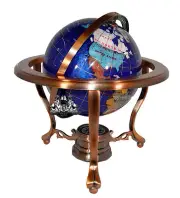 10" Tall Bahama Blue Pearl Swirl Ocean Tripod Copper Table Top Gemstone Globe