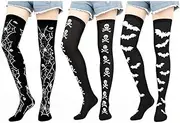 [NOIAFZY] 3PC Halloween Fun Thigh-High Socks for Women with Spider Web & Skull Print, Nylon Blend, Machine Washable, Black, 4