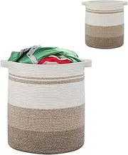 Woven Cotton Rope Laundry Storage Basket with Handles, Round Hamper for Pillow, Clothes, Blanket,Toys, 45 * 45 * 50Cm White Yellow
