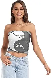 [RPLIFE] White Black Yin Yang Cats Tube Top Women Strapless Top, Sheer Tube Tops, Trendy Crop Tops (S)