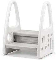 Playpals Toddler Step Stool for Bathroom Sink, 2 Step Stool for Kids Toilet Potty Training and Kitchen Counter Bed, No-Slip Double up Toddler Tower with Handle (White-Grey)