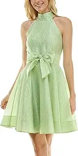 [Taylor] Women's Sleeveless Halter Neck Fit and Flare Party Dress with Front Bow Sash
