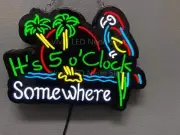 10" Vivid LED It's 5 O'Clock Somewhere Parrot Palm Tree Neon Sign Light Lamp Bar